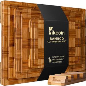 Kikcoin Extra Large Bamboo Cutting Boards, (Set of 3) Chopping Boards with Juice Groove Bamboo Wood Cutting Board Set Butcher Block for Kitchen, End Grain Serving Tray, XLarge-17"L x 12"W