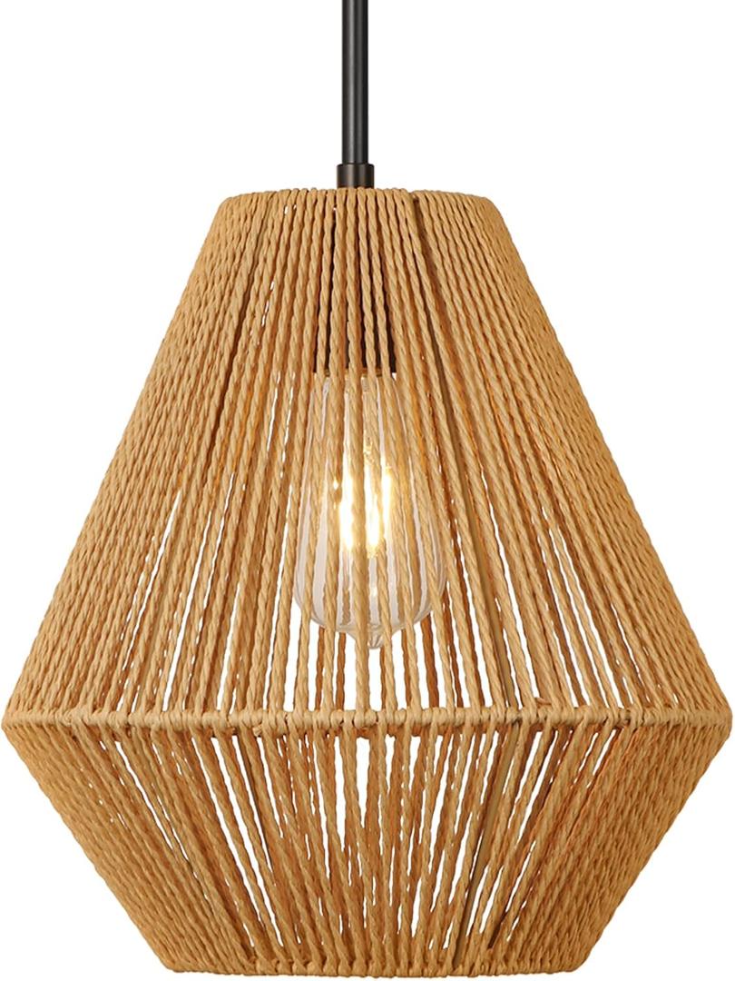 LynPon 12“ Boho Rattan Pendant Light with Rod Hanging, Black Boho Light Fixture with Hanging Lamp Shade, Farmhouse Coastal Wicker Pendant Light for Kitchen Dining Room Bedroom Hallway Foyer Bathroom