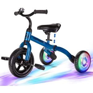 YGJT 3 in 1 Lighting Tricycle for Toddlers Age 2-5 Years Old, Folding Kids Balance Bike with Adjustable Seat and Removable Pedal, Toddler Bike Ride-on Toys for Infant, Gifts for Baby Boys Girls(Blue)