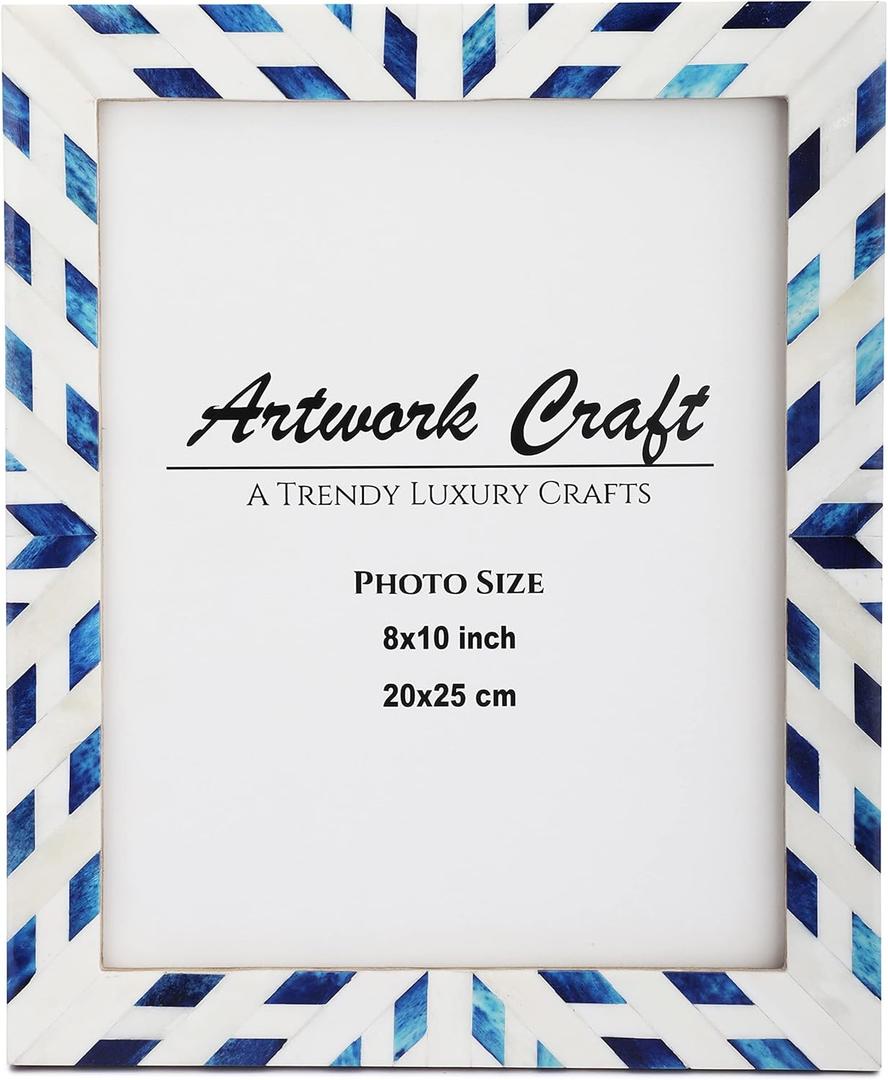 Bone Photo Frame Aztec Pattern Inspired Vintage Table-Top/Wall Dcor Chevron Art Boho Picture Frames (8x10 Inches, Blue)