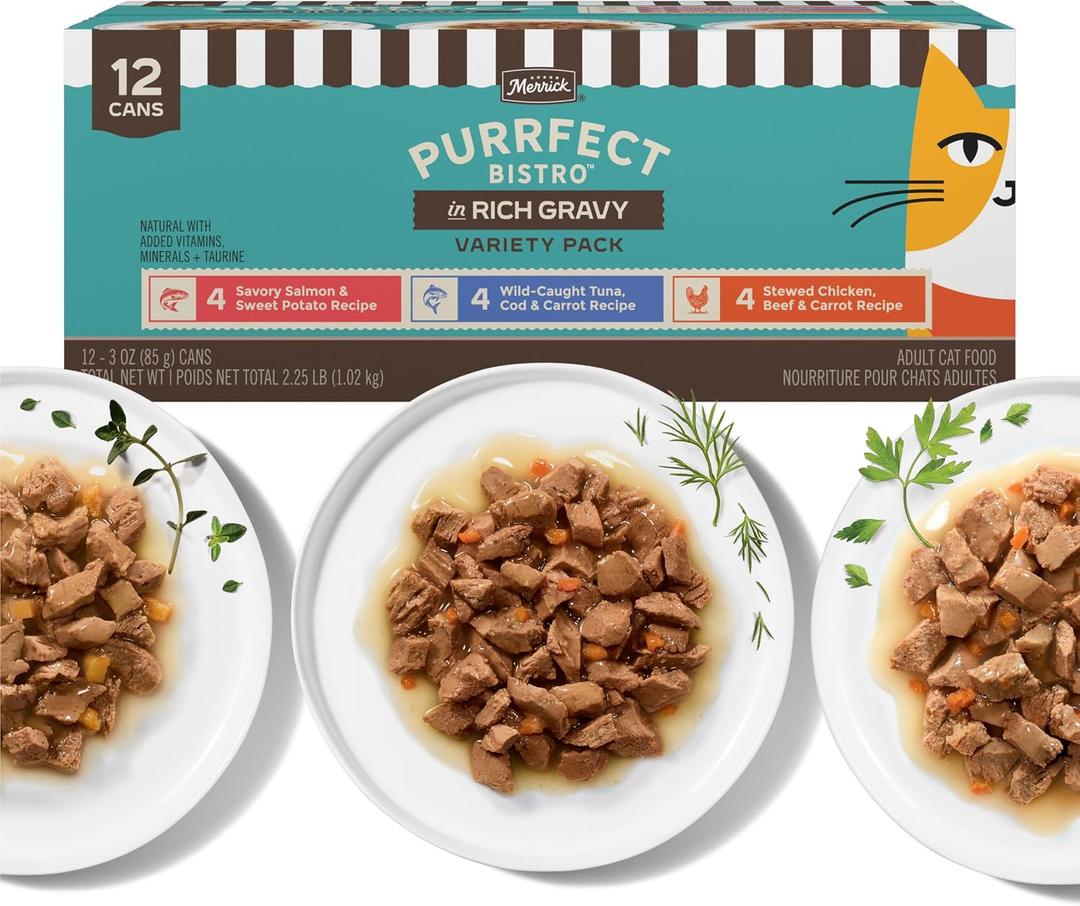 Merrick Purrfect Bistro in Rich Gravy Variety Pack High Protein Cat Food with Chicken and Beef, Tuna and Cod, and Salmon and Sweet Potato Recipes - 3 oz. Cans (Pack of 12) (EXP 01/31/28)