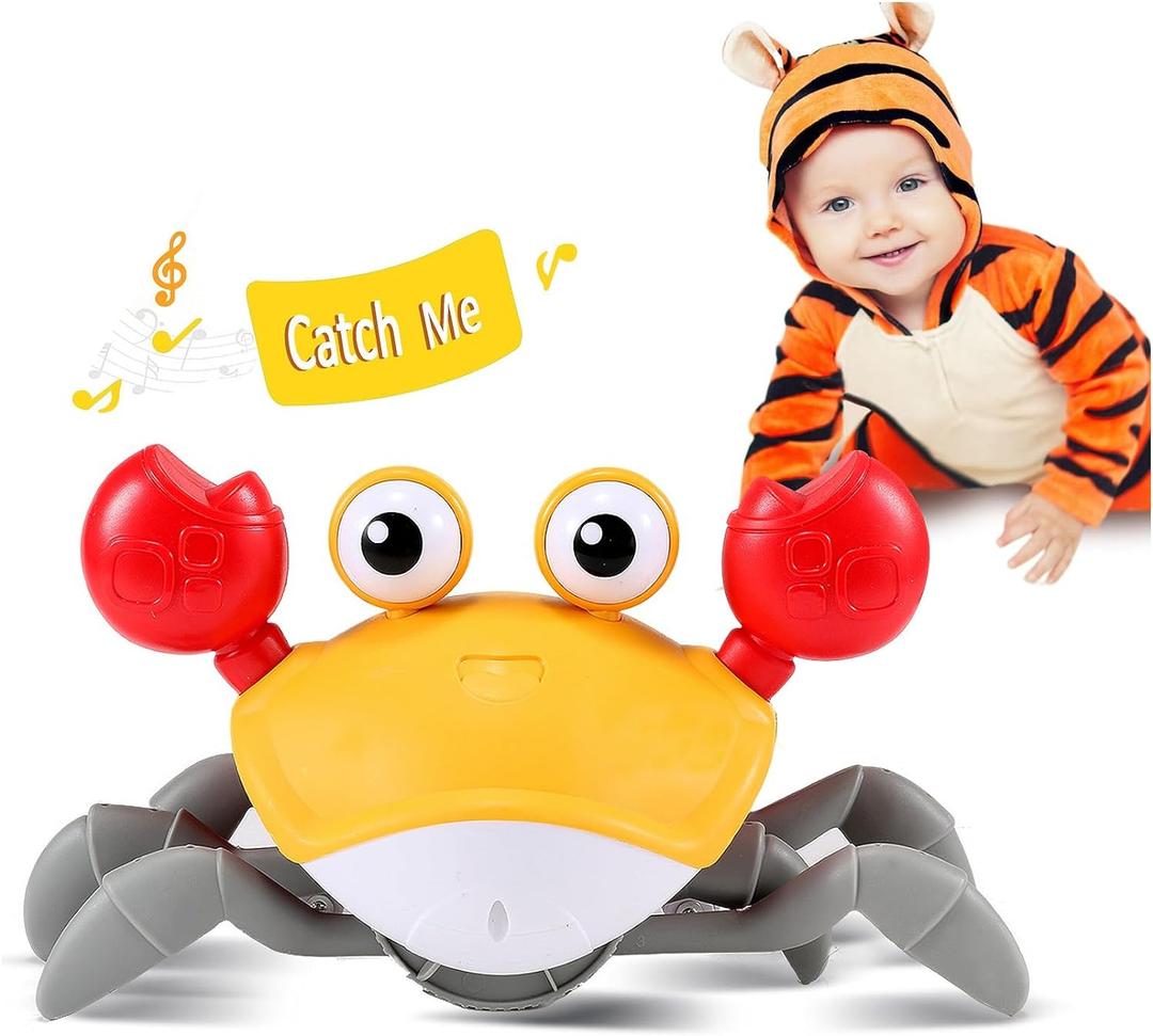 Crawling Crab Baby Toy Gifts: Tummy Time Toys Walking Dancing Cute Essentials Electric Induction Sensory Stuff Moving Babies Crabs with Light Up Music for Toddler Boys Girls Items Interaction Gadgets (Orange)