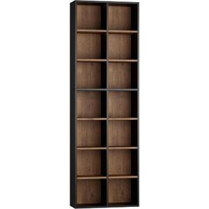 FOTOSOK 71'' Tall Bookshelf with 14 Cubes, 7 Tier Double Wide Wood Bookshelf with 6 Adjustable Shelves, 19.6" Narrow Bookcase DVD/CD Media Storage, Space Saving Display Shelf Cabinet, Black/Brown, 19.6" W x 9.26" D x 70.9" H