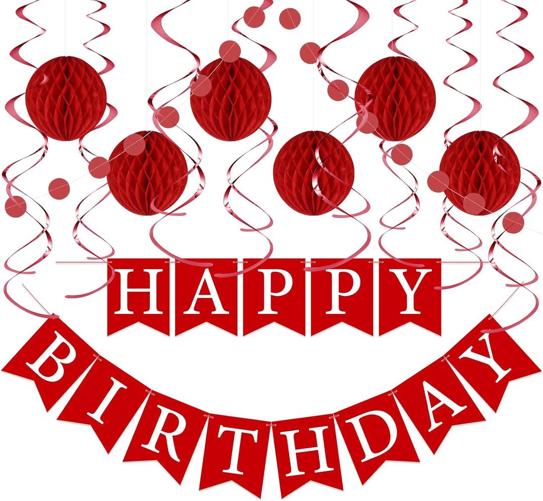 Red Birthday Decorations Kit - 16-Piece Set with Pre-Strung Happy Birthday Banner, Honeycomb Balls, Garland & Swirls | Red Theme Party Supplies for Women Girls Kids, Teens Adults