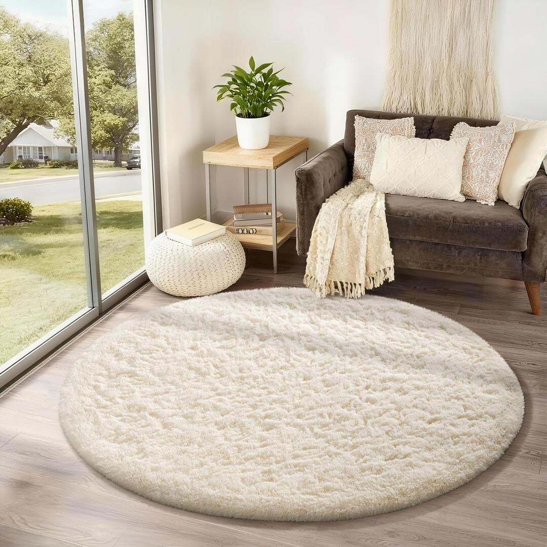 Ophanie Round Rug 4Ft Ivory Circle Area Rugs, Fluffy Fuzzy Small Bedroom Carpet 4 foot, Plush Shag Floor Cream Living Room Christmas Circular Aesthetic Decor for Kids Teen Boys Baby, Nursery, Classroom