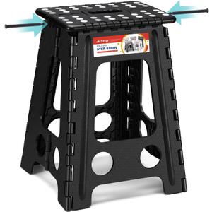 ACSTEP Folding Step Stool 17.5 Inch Heavy Duty Step Stool Foldable for Adults and Kids, Collapsible Stepping Stool with Handle, Non Slip Folding Stools for Kitchen Hold Up to 400lbs (Black 1PC)