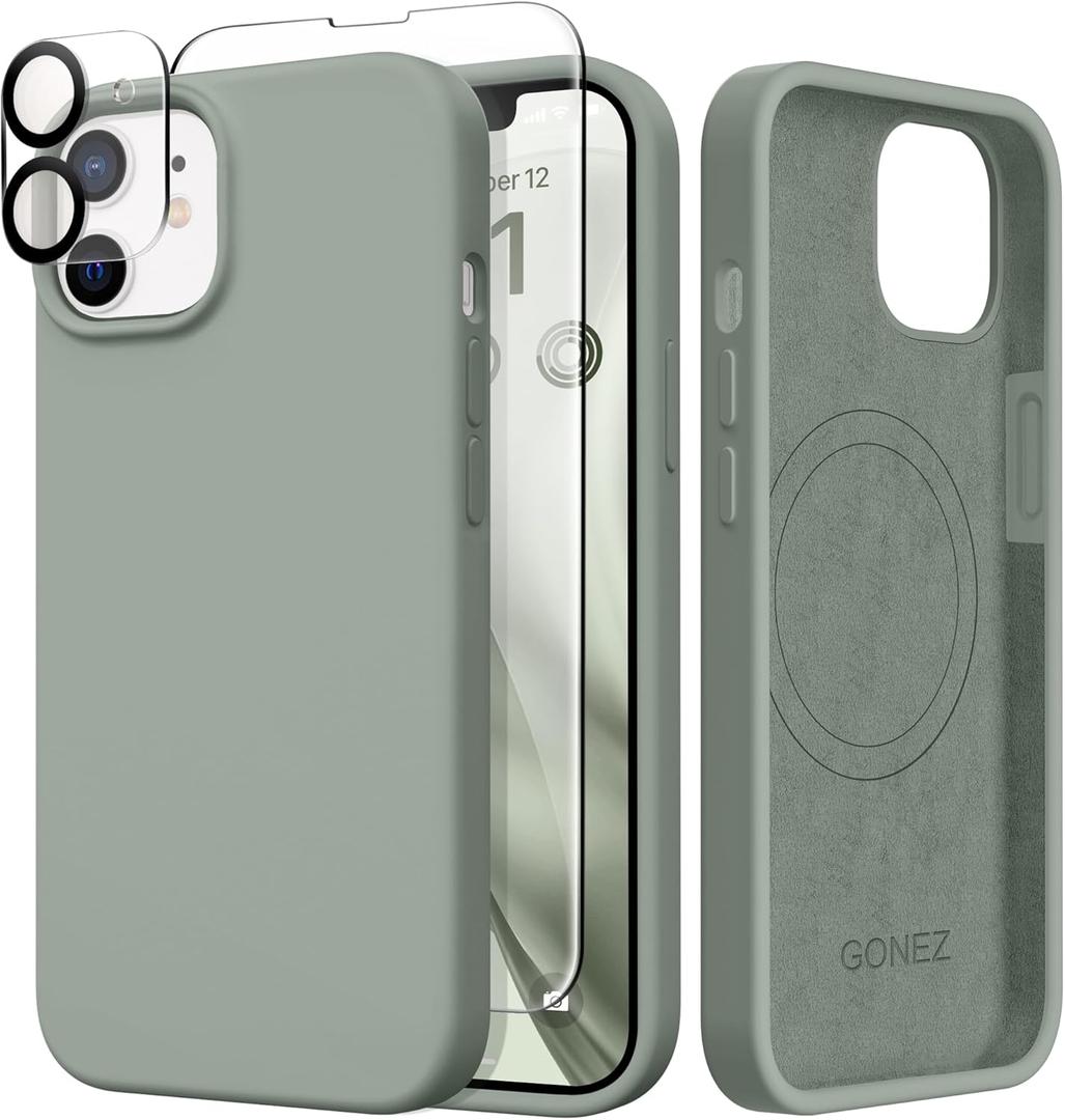 GONEZ Magnetic for iPhone 12 Case / 12 Pro Case, Compatible with MagSafe, [Screen Protector + Camera Lens Protector], Silicone Shockproof Anti-Scratch Protective Phone Case 6.1 inch, Calke Green