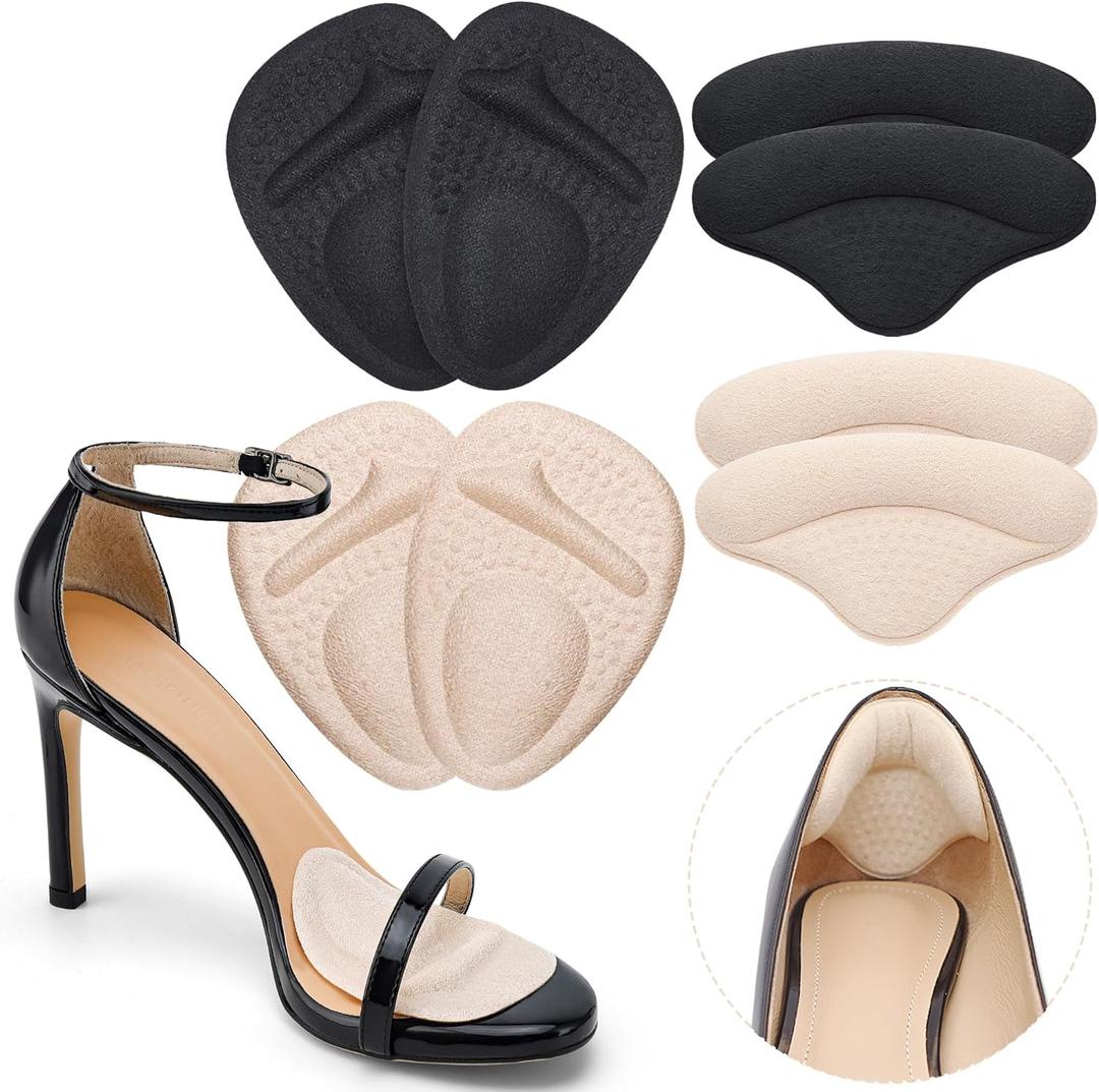 Ball of Foot Cushions,Metatarsal Pads for Women,Heel Cushion Pads, Heel Grips Liners for Heel Pain Relief, Blisters,Friction, Non-Slip Shoe Inserts for Loose Shoes,Shoe Fillers Make Shoes Fit Tighter (4pairs-beige+black)