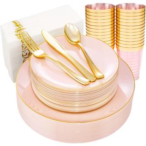 Rubtlamp 210Pcs Plastic Pink Plates with Gold Plastic Silverware Set Include 30Pink Dinner & 30 Dessert Plates, 90Gold Cutlery, 30Gold Cups, 30Napkins, Pink Dinnerware for Mother's Day