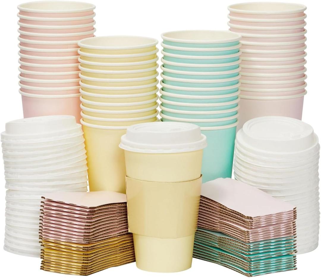 48 Pack 16 oz To Go Coffee Cups with Lids and Sleeves for Baby Shower and Birthday Party Supplies, Home, Restaurant, Cafe, or Store Use (Insulated, Disposable, 4 Pastel Colors)
