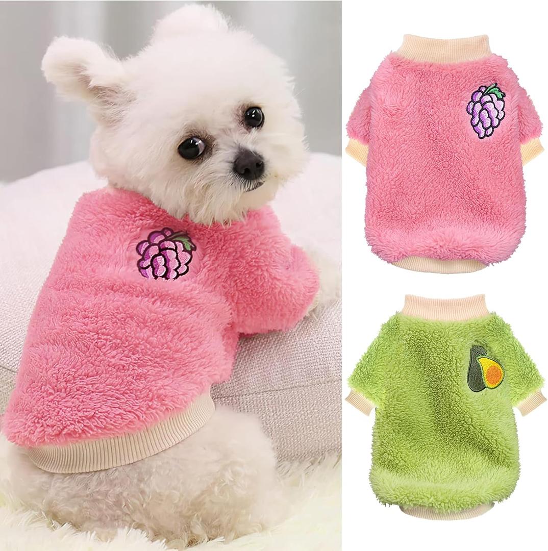 XXS Dog Sweaters for Small Dogs Girl, 2 Pack Warm Fleece Dog Sweater for Winter, Cute Puppy Clothes Small Doggie Coat for Girls (Avocados, Grapes)