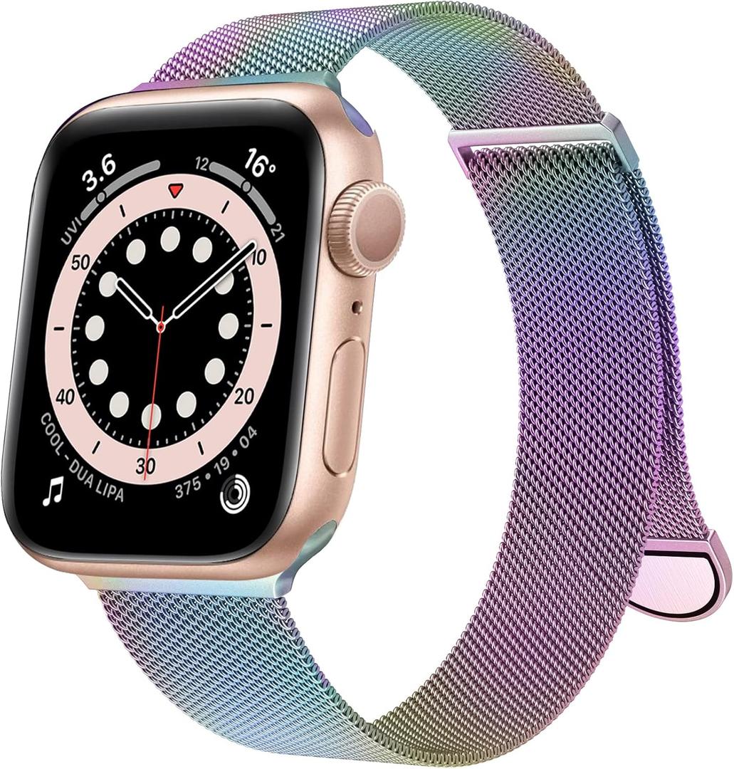 MARGE PLUS Compatible with Apple Watch Band Series 10, Ultra 2, SE, Ultra 9 8 7 6 5 4 Women and Men, Stainless Steel Mesh Loop Magnetic Clasp Replacement for iWatch Bands 38mm 40mm 41mm 42mm Rainbow