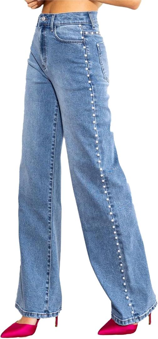 Kedera Women's High Waisted Jeans Stretchy Pearl Beaded Jeans Wide Leg Casual Denim Trousers Y2K Trendy Baggy Pants (Medium, Blue)