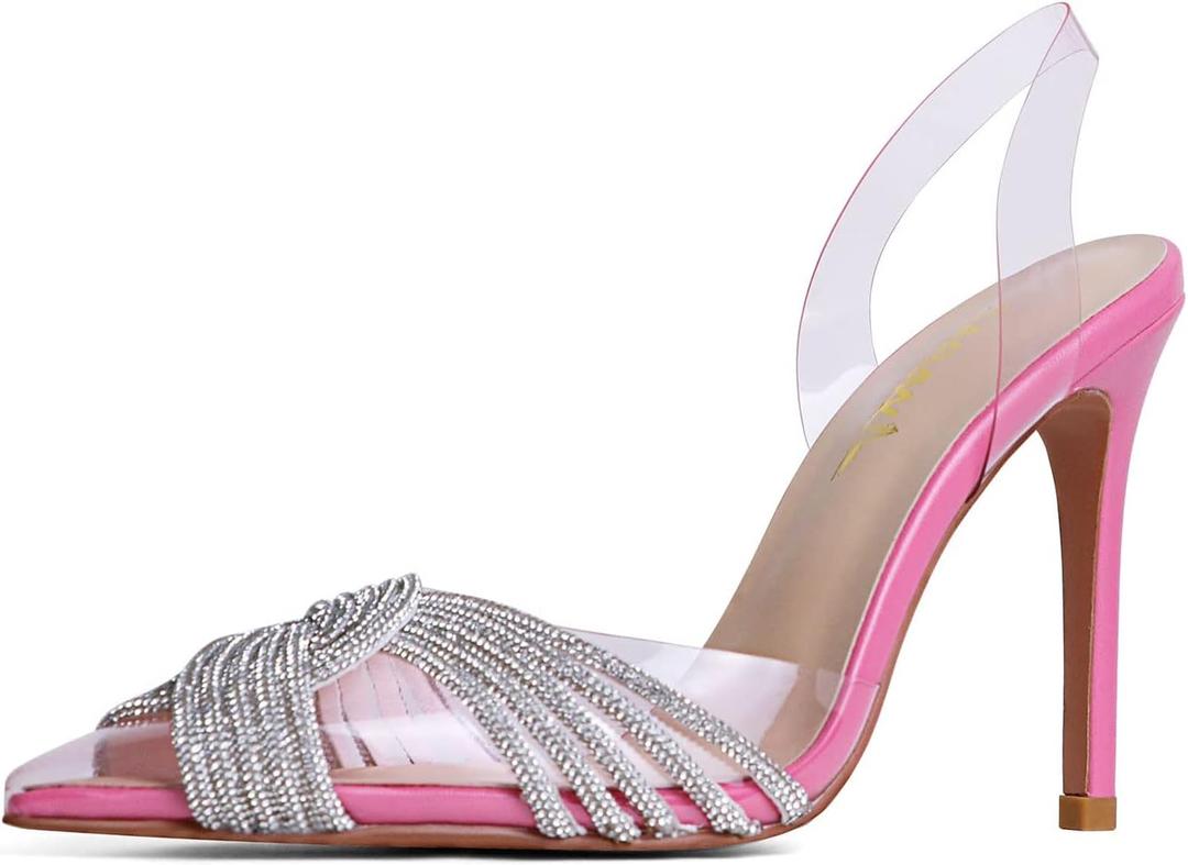 sarawill Women's Sexy Stiletto Pumps Pointed Toe Transparent PVC High Heels Crystal Rhinestones Slingback Party Wedding Shoes for Ladies Fashion (6, Pink Matte)