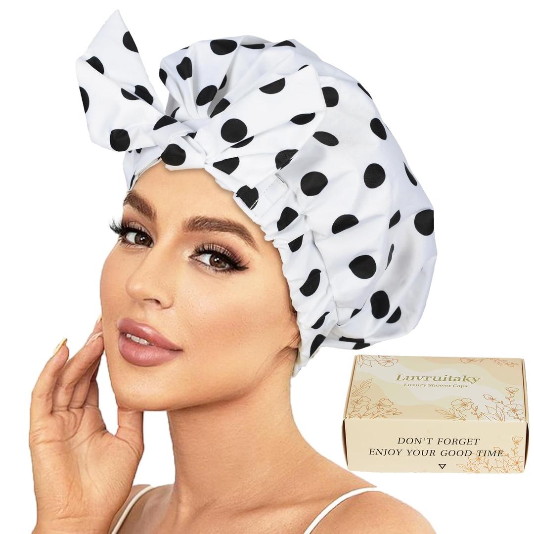 Luvruitaky Shower Cap Luxury Shower Caps for Women Reusable Waterproof Large Hair Cap for Shower Non-slip with Adjustable Bowknot Quick-Dry Hair Bath Cap for Men (White)