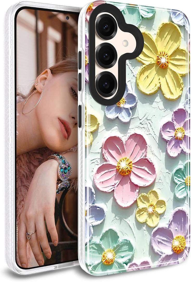 for Galaxy S25 Plus Case Sparkle Glitter Retro Oil Painting Printed Flower Design Slim Shockproof Cover Phone Case for Samsung Galaxy S25 Plus 5G 6.7 inch Mint Colorful