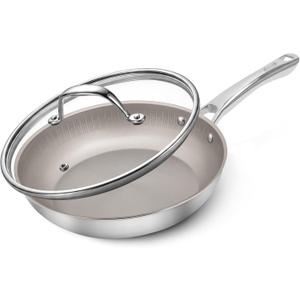 Titanium Frying Pan with Lid - 10.25" No Coating PFAS-Free Skillet, Tri-Ply Titanium & Stainless Steel, Induction & Dishwasher Safe