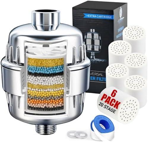Chrome 20 Stage Vitamin C Shower Filter with 6 Cartridges – Reduces Dry Skin, Dandruff, Eczema & Hair Loss | High Output Hard Water Softener to Remove Chlorine, Fluoride & Heavy Metals