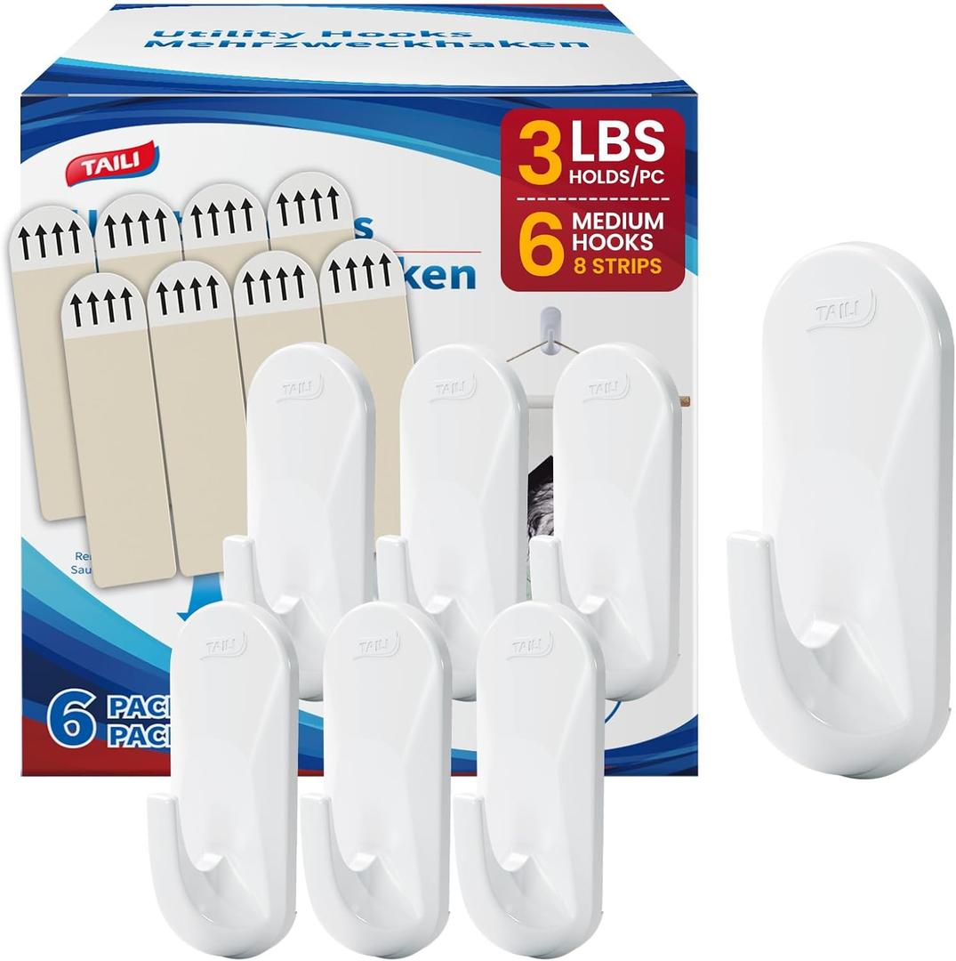 TAILI Hooks for Hanging,6 Plastic Sticky Hooks and 8 Adhesive Strips, White Utility Hooks for Painted Wall, No Damage Heavy Duty Holds up to 3 lb, Removable & Reusable for Door, Dorm, Clothes, Closet