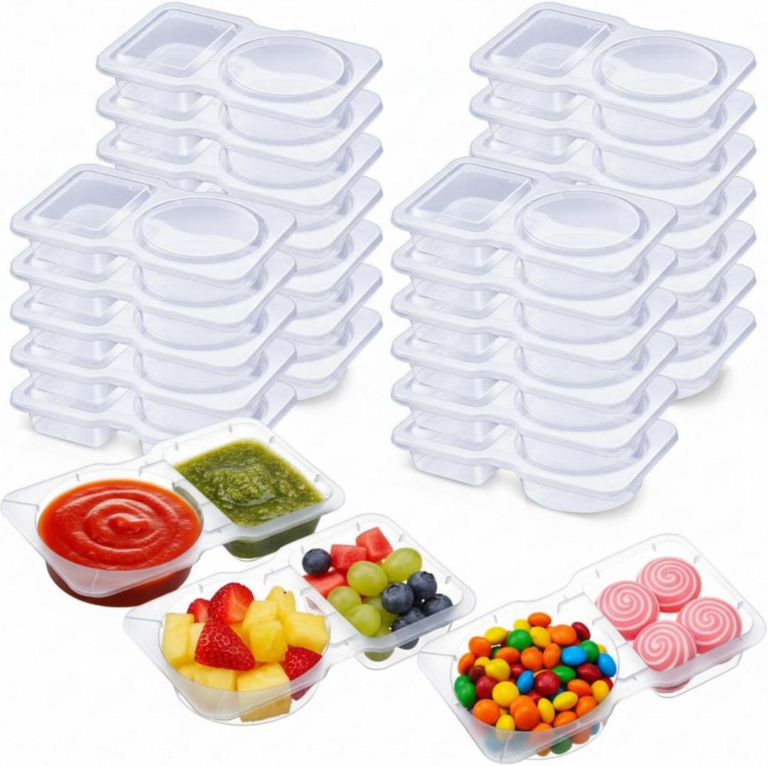 25 Pcs Pack Snack Containers with Lids, 5 oz Double Compartment Plastic Food Containers, Portable Divided Snack Cups for School, Office, Meal Prep, Sauces, Dips, On-the-go Camping (Clear)