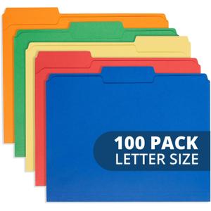 100 Blue Summit Supplies Colored File Folders Letter Size with 1/3 Cut Tabs, Assorted Colored Folders, Durable 11pt Paper, Colorful File Folders for Files, Multi Color File Folders, Reinforced Tabs