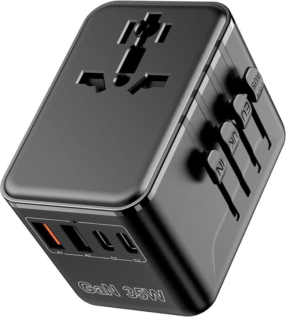 Universal Travel Adapter - 6 in 1 International Plug Adapter with Fuse Auto-Resetting, USB-C PD Fast Charging Worldwide Power Outlet for USA to European UK AUS India, Type C/G/D/I/A, Black