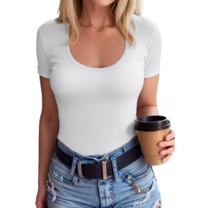SANDERY White Shirts for Women Cutout Tops Short Sleeve Shirts Ribbed Casual Slim Fitted Top Blouses, L
