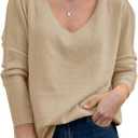 Saodimallsu Womens Fall Sweaters V Neck Long Sleeve Casual Loose Lightweight Soft Pullover Sweater Knit Tops M