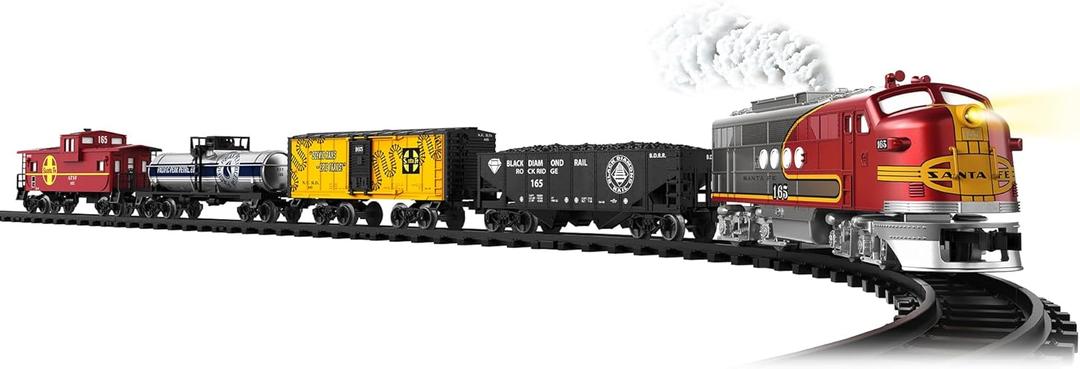 Lionel Santa Fe Freight Battery O Gauge Toy Train Set with Remote, Locomotive, Train Cars, & Track with Authentic Train Sounds, Lights, & Water Vapor Smoke Effects for Kids 4+