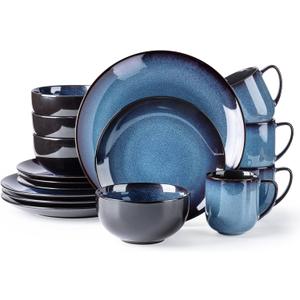 LERATIO Ceramic Dinnerware Sets for 4,16-Piece Reactive Glaze Plates and Bowls Set with Mugs,Highly Chip and Crack Resistant | Dishwasher,Microwave & Oven Safe Dishes set-Blue (Dreamy Moonlight-Blue)