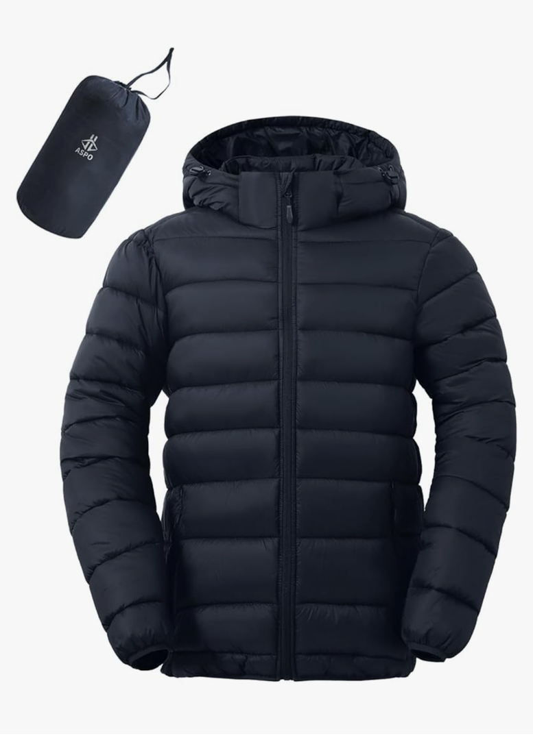 ASPO Men's Packable Puffer Jackets Winter Lightweight Detachable Hood Water-Resistant Down Coats Warm Insulated Hiking Travel XL