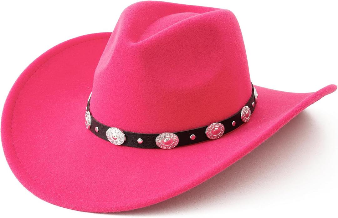 Lanzom Women Men Felt Wide Brim Western Cowboy Hats Belt Buckle Panama Hat (Large-X-Large, Rose)