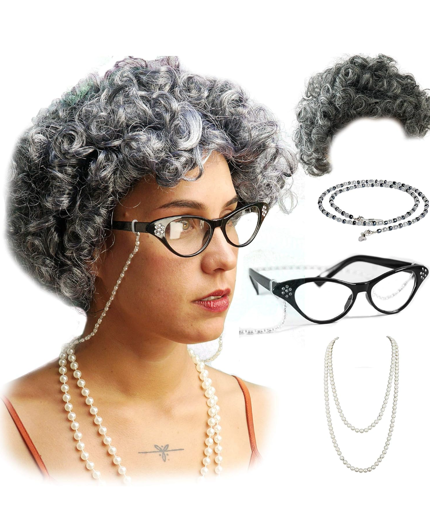 Vibe Old Lady wig Costume Set, Gray Hair Granny Wig with Pearl Necklace, Glasses, Glass Chain Accessories, 5 pieces Total