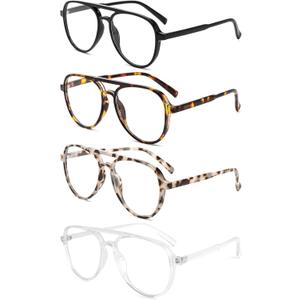 MMOWW 4 Pack Oversized Aviator Reading Glasses for Women Men Retro Double Bridge Pilot Style Blue Light Blocking Readers, Black/Tortoise/Grey Tortoise/Transparent, 2.5 x
