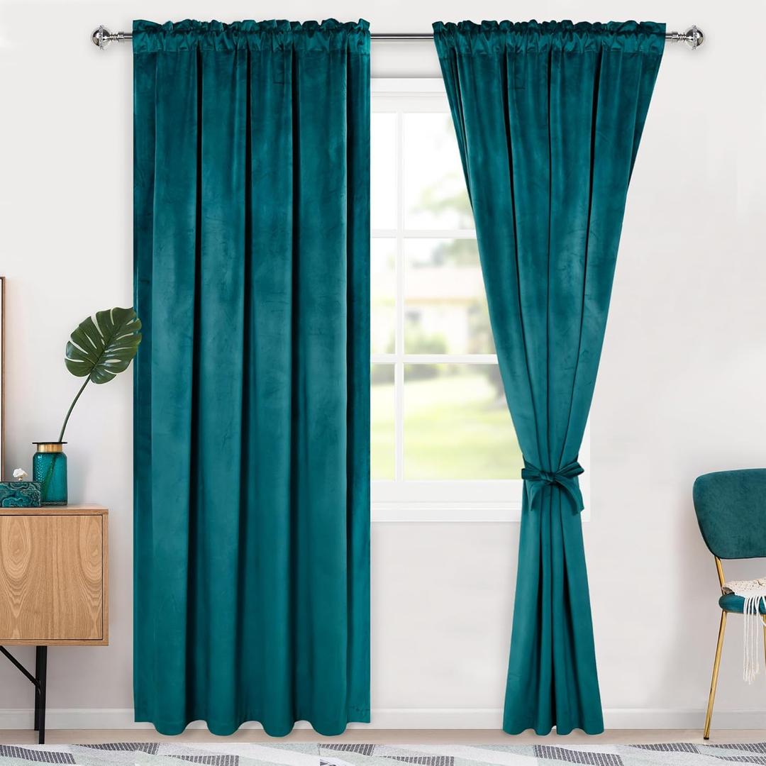 Hiasan Teal Velvet Curtains 90 inch Blackout Rod Pocket Thermal Insulated Soft Curtains Room Darkening Window Drapes with Tiebacks for Bedroom Living Room, Set of 2 Panels, 52W x 90L