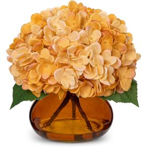 Hollyone Hydrangea Artificial Flowers with Glass Vase Yellowish Orange Silk Faux Flowers Arrangements in Vase with Faux Water Fake Floral Bulk Bouquet for Home Decor Table Centerpiece Decorations