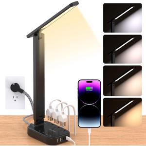 Power Strip with LED Desk Lamp, 3 Outlets 4 USB Ports(2 USBC) 4 Modes 5 Level Touch Lamp Small Desk Lamp for Home Office Bedroom Bedside, Study Reading Light, 5ft Extension Cord, Dorm Room Essentials (Black)