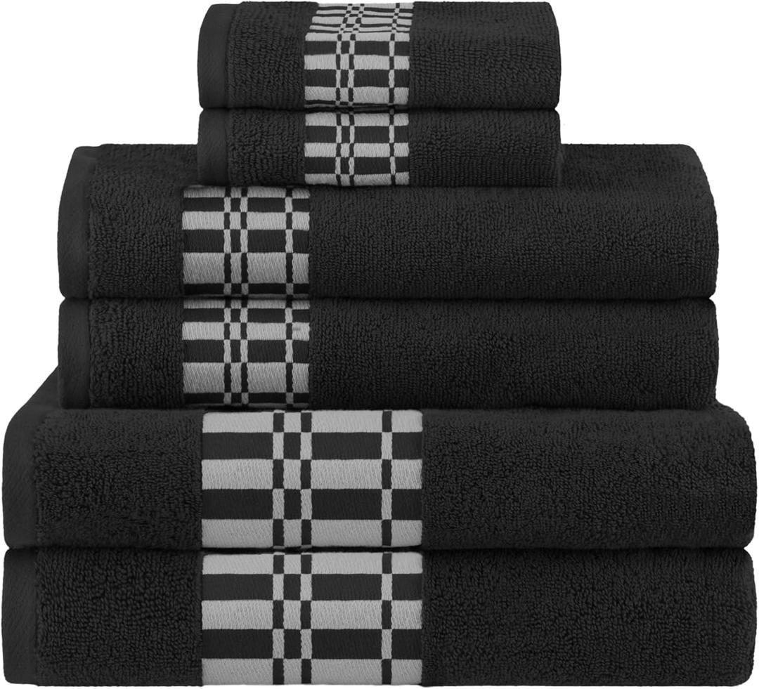Superior 6-Piece Cotton Towel Set, Geometric Design, Dobby Border, Plush Quick Dry Towels, Decorative Bathroom, Spa, Includes 2 Bath, 2 Hand, 2 Face Towels/ Washcloth, Larissa Collection, Black