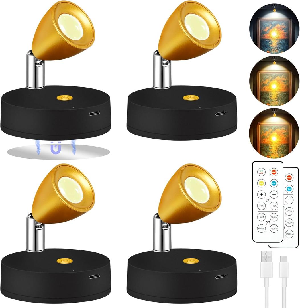 4 Pack Spot Lights Indoor, Rechargeable Wireless Plant Spotlight Indoor, 3 CCT Battery Operated Mini Spotlight, Ambient Lighting for Picture Wall Backdrop Decor (Black)