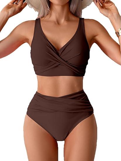 Fanuerg Women High Waisted Bikini Sets V Neck Cross Twist Front Two Piece Swimsuit Tummy Control Bathing Suit M Coffee Brown