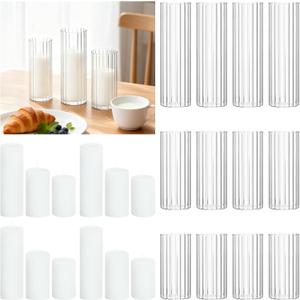 Trxvxo 24 PCS White Pillar Candles (2" x3, 4, 6) with Ribbed Glass Cylinder Vases (2.6" x5, 6, 8), Hurricane Glass Candle Holders, Dripless Candles for Wedding Centerpieces, Home & Table Decor