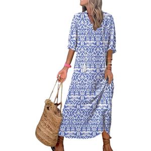 Dokotoo Women Boho Summer Dress 2024 Frill Short Sleeve Tassel V Neck Ruffle Flowy A-Line Maxi Dresses Size L