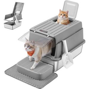 Feandrea Stainless Steel Cat Litter Box with Flip Lid, Litter Catcher Mat and Box, 2 Doors, Scoop, for Cats up to 33 lb, Dove Gray UPPT007GN01