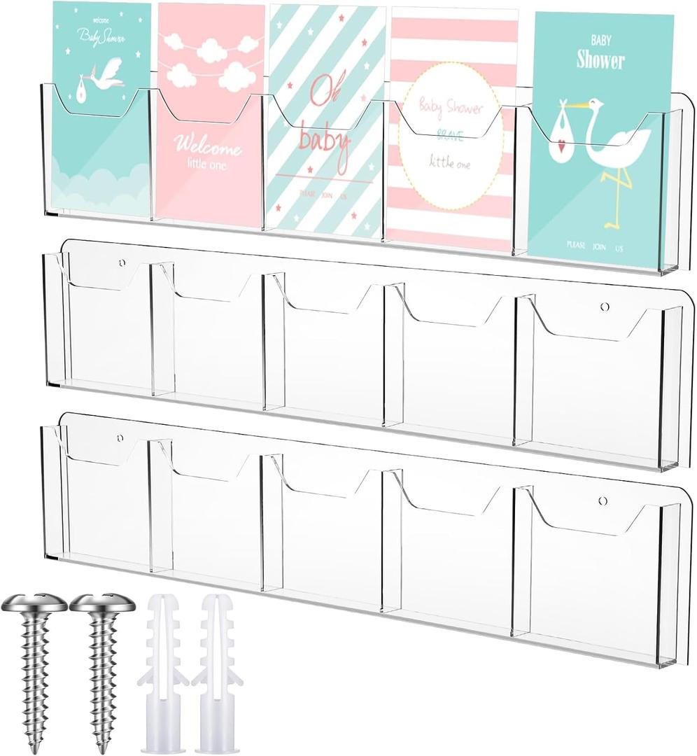 Honoson 3 Pack Wall Mount Pamphlet Holder Acrylic Brochure Holder with 5 Pockets, 4 Inch, Clear Wall Brochure Display Stand Hanging Rack for Pamphlet Flyers Booklet Menus Menu Advertise