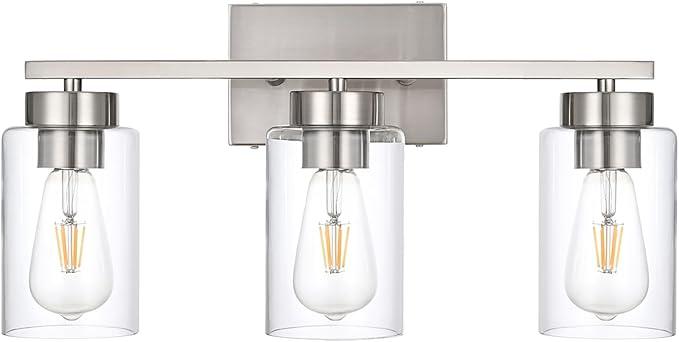 A1A9 3Light Bathroom Vanity Light, Modern Brushed Nickel Wall Lights with Clear Glass Shades, Bathroom Wall Sconce Lamp for Mirror Living Room Bedroom Hallway