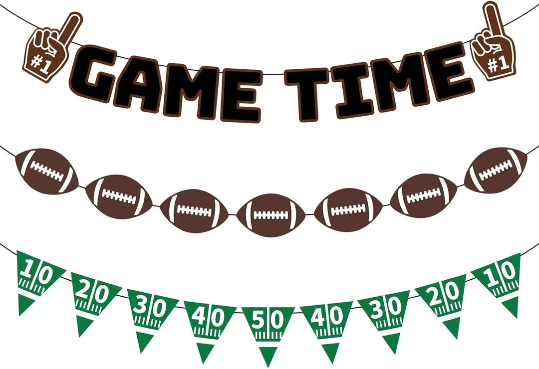 3PCS Game Time Banner Football Decorations, Pre-Strung Football Banner for Football Party Decorations, Football Birthday Party Decorations Football Themed Birthday Party Supplies