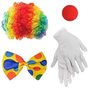 UUYYEO 4 Pcs Clown Costume Set Rainbow Clown Wig Red Nose Bow Tie Gloves Clown Dress Up Accessories Halloween Accessories