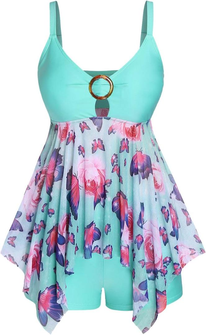Rosegal Women Plus Size Two Piece Flowy Tankini Swimsuits Butterfly Floral Print Modest Bathing Suit with Boyshorts (Blue) XL