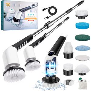 Upgraded Electric Spin Scrubber, 8 in 1 Cordless Shower Bathroom Brush with 8 Replaceable Cleaning Drill Heads, Power Max 420RPM, 55 Adjustable Extension Handle, Household Tool for Tile Tub (Upgrade White)