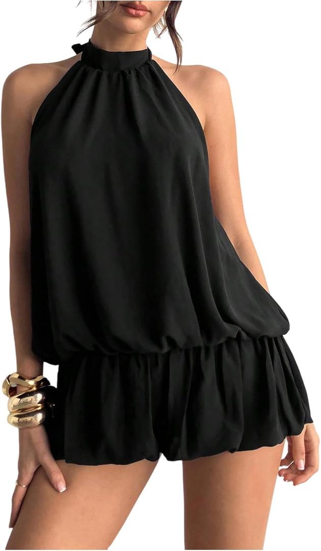 Floerns Women's Y2k Summer Halter Dress Tie Open Back Sleeveless Ruffle Hem Bubble Going Out Mini Dresses (Medium, Black)